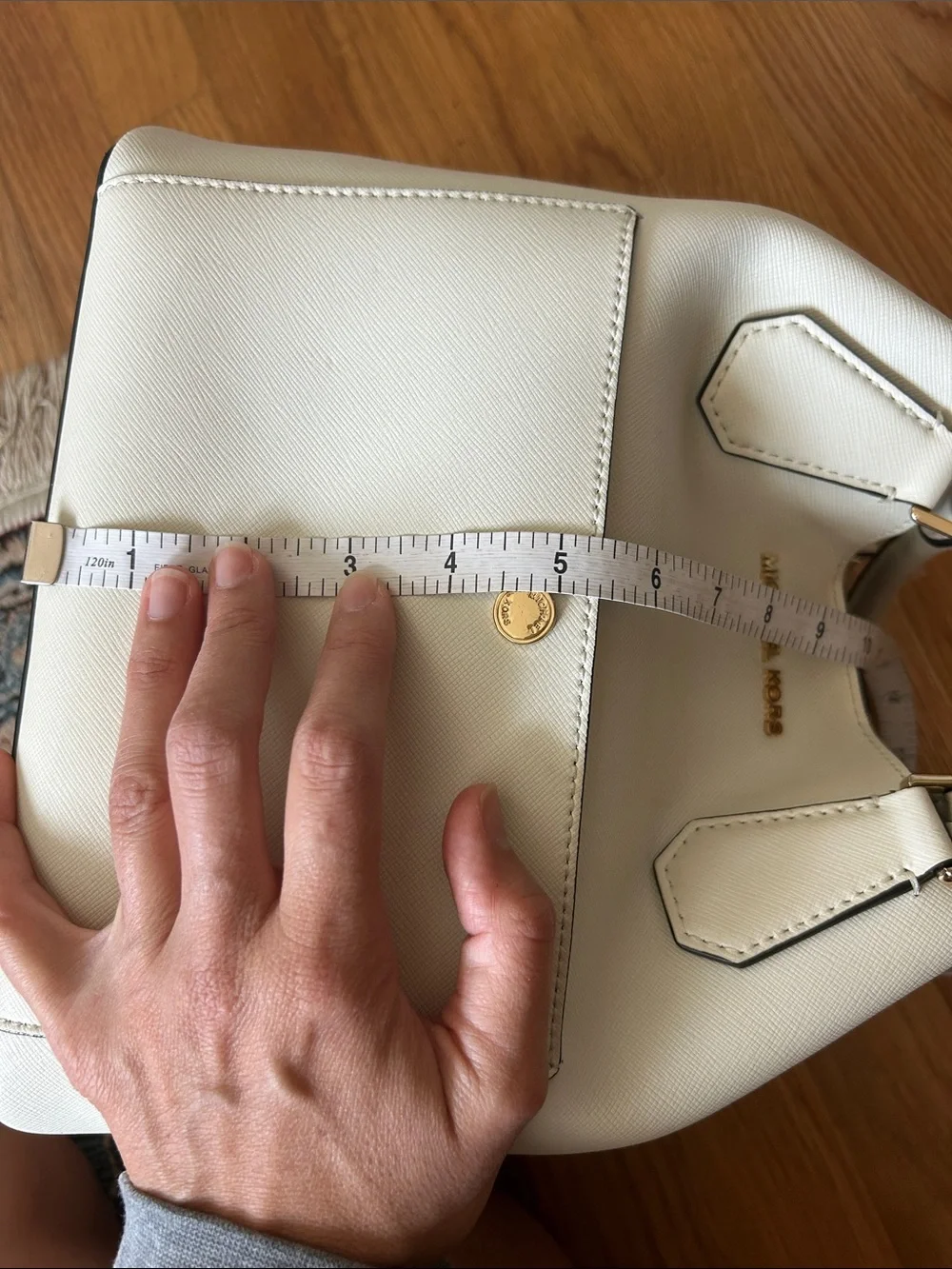 Michael Kors Cream Saffiano Leather Tote with Black Trim and Gold Hardware